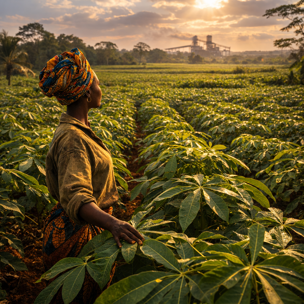 Femme dans un champ de manioc, Guinée rurale
